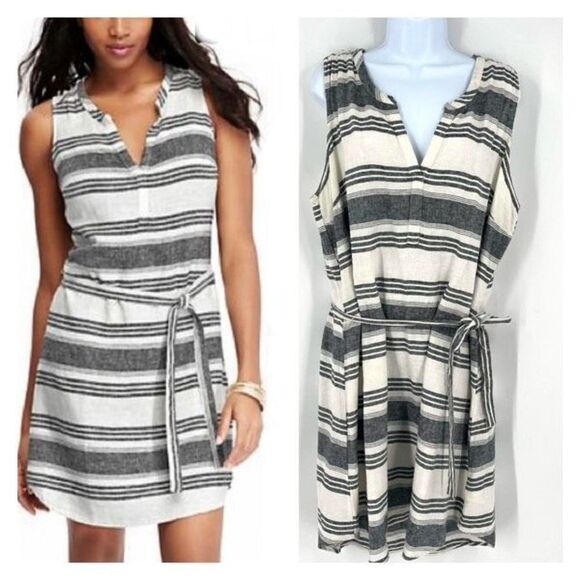 Old Navy Dresses & Skirts - Old Navy Women's Striped Linen Blend V-Neck Tie Front Dress Gray White‎ Size XL